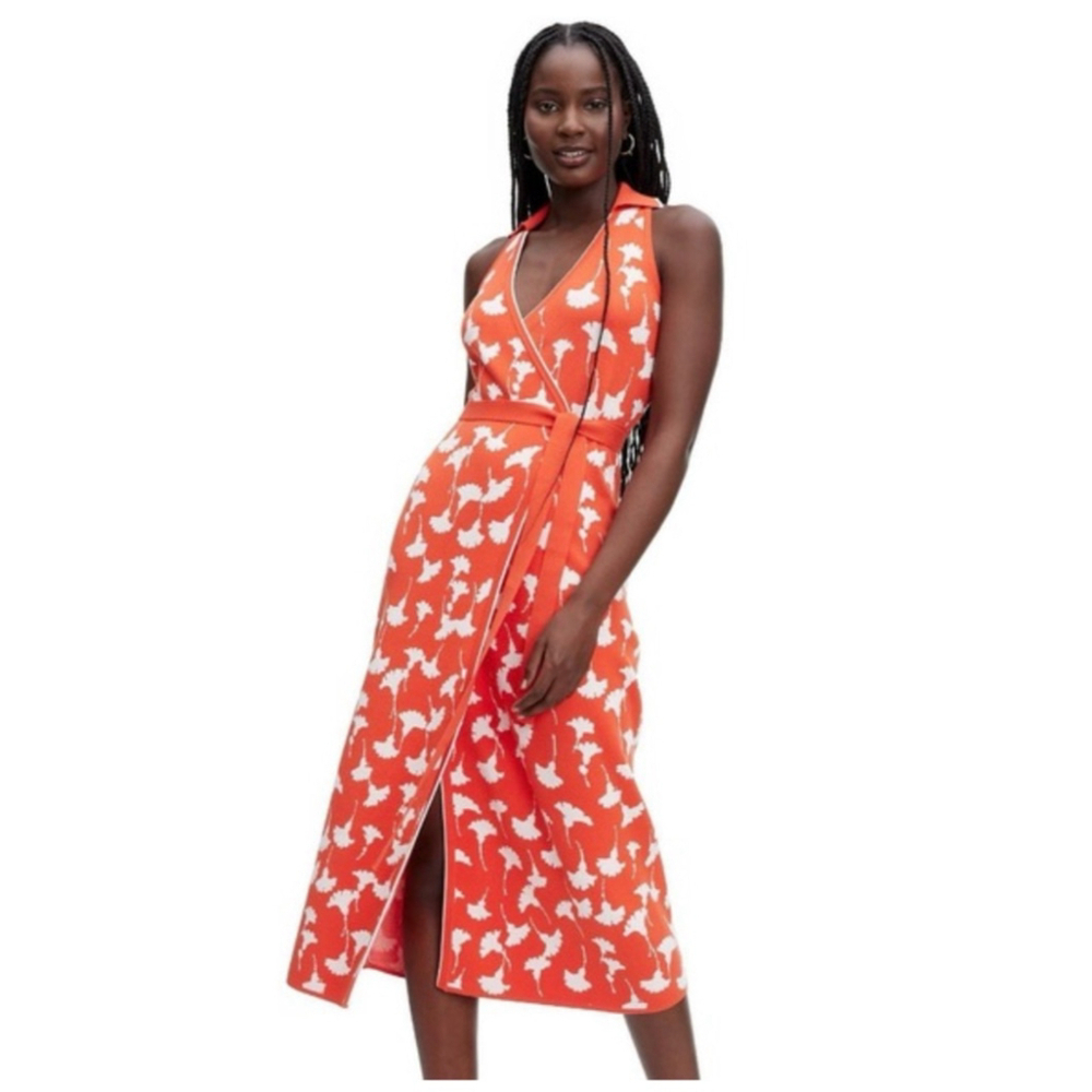 Women's Diane von Furstenberg XXS Orange White Floral Midi Wrap Dress